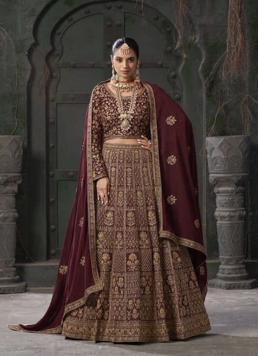 Maroon Georgette Bridal Lehenga Choli With Embroidery, Thread Work and Sequins Work