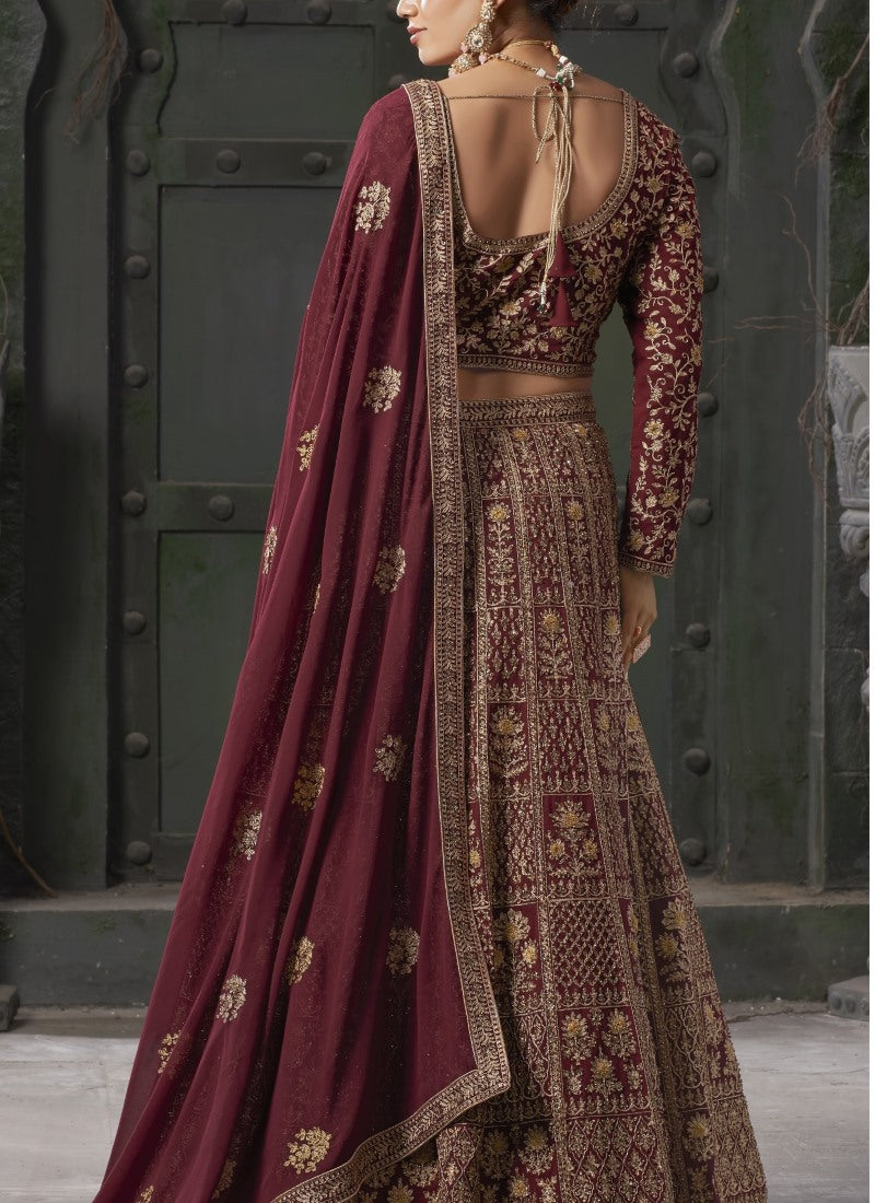 Maroon Georgette Bridal Lehenga Choli With Embroidery, Thread Work and Sequins Work