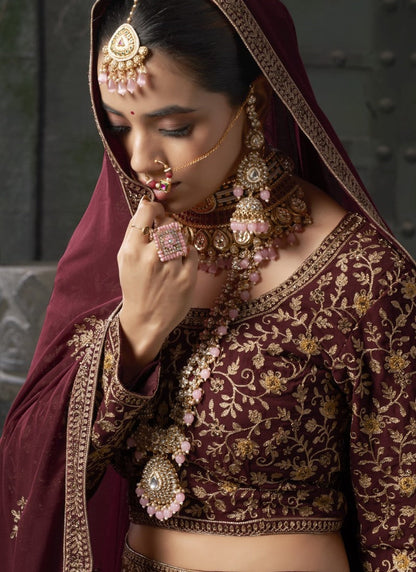 Maroon Georgette Bridal Lehenga Choli With Embroidery, Thread Work and Sequins Work