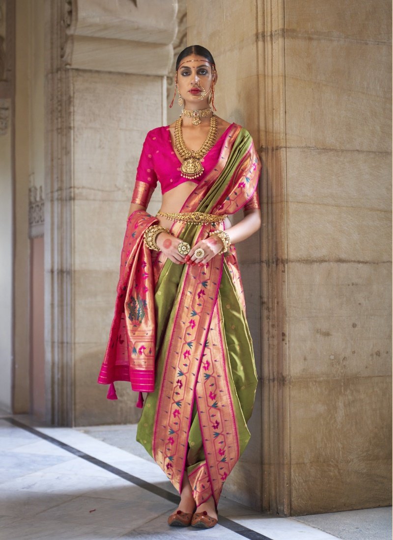 Olive Green Silk Paithani Saree