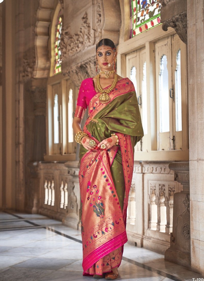 Olive Green Silk Paithani Saree-2