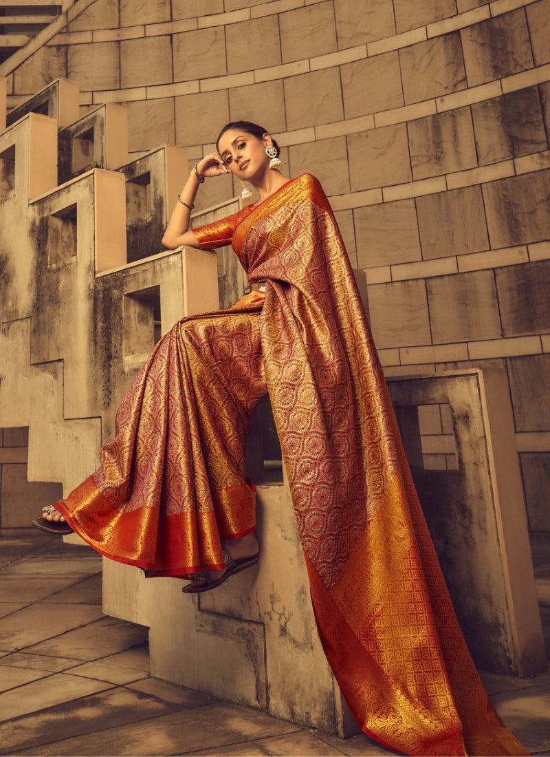 Orange Silk Saree With Handloom Work-2