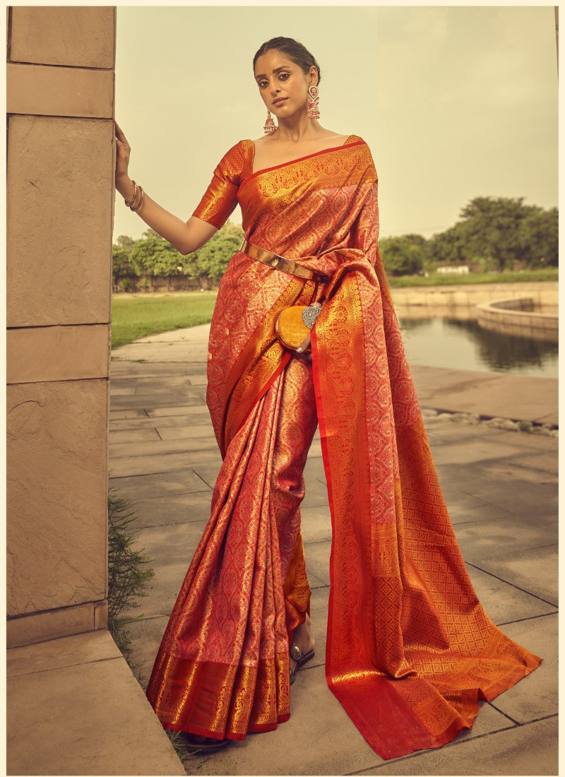 Red Silk Saree With Handloom Work