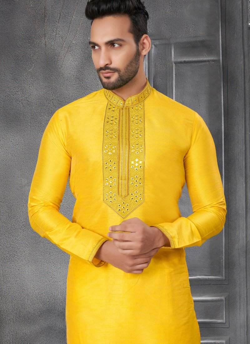 Yellow Silk Kurta Pajama With Mirror Work-2