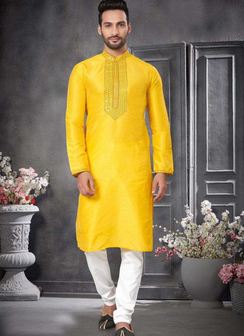 Yellow Silk Kurta Pajama With Mirror Work