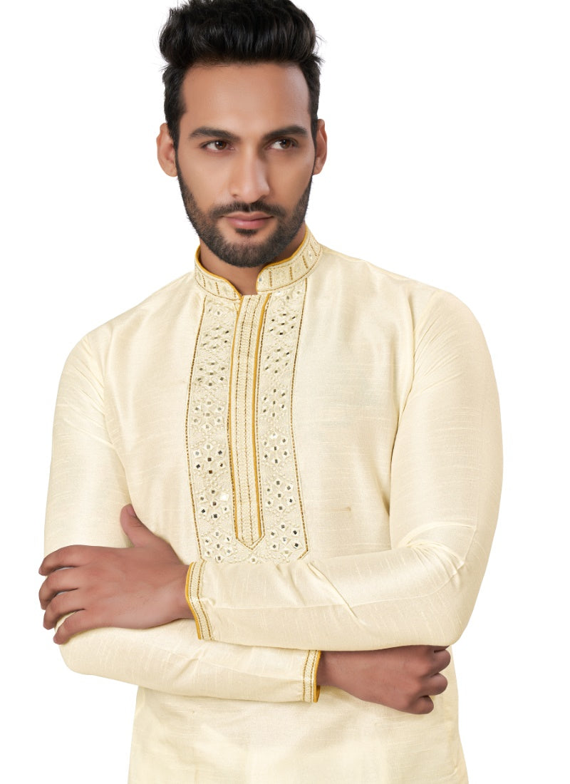 Cream Silk Kurta Pajama With Mirror Work-2