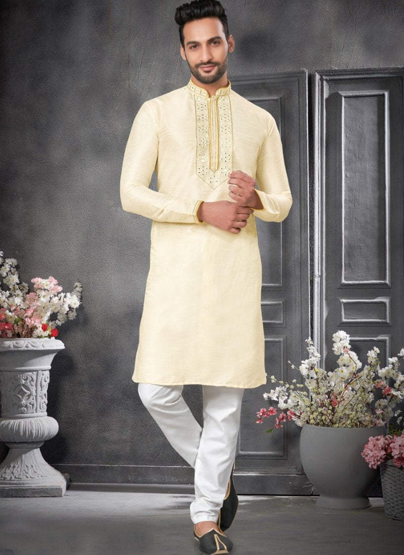 Cream Silk Kurta Pajama With Mirror Work