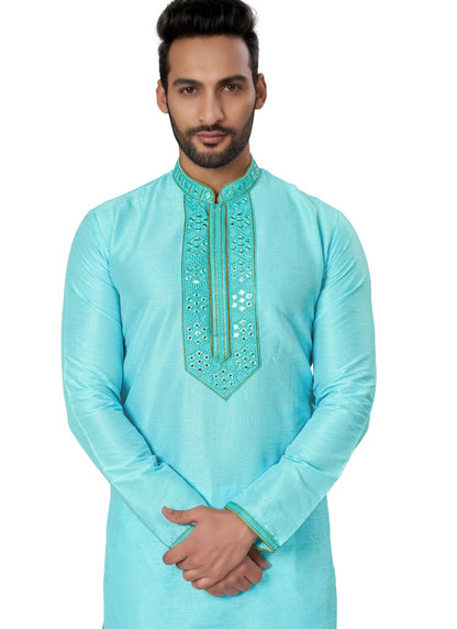 Sky Blue Silk Kurta Pajama With Mirror Work-2