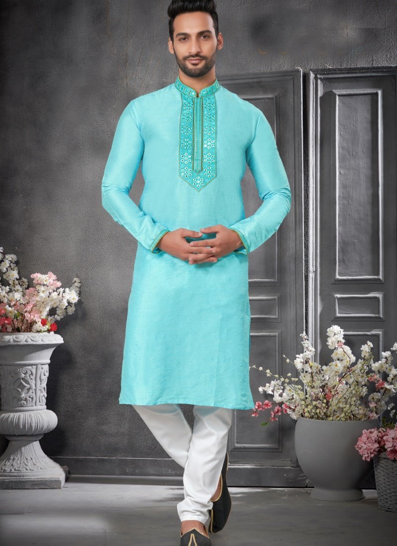 Sky Blue Silk Kurta Pajama With Mirror Work