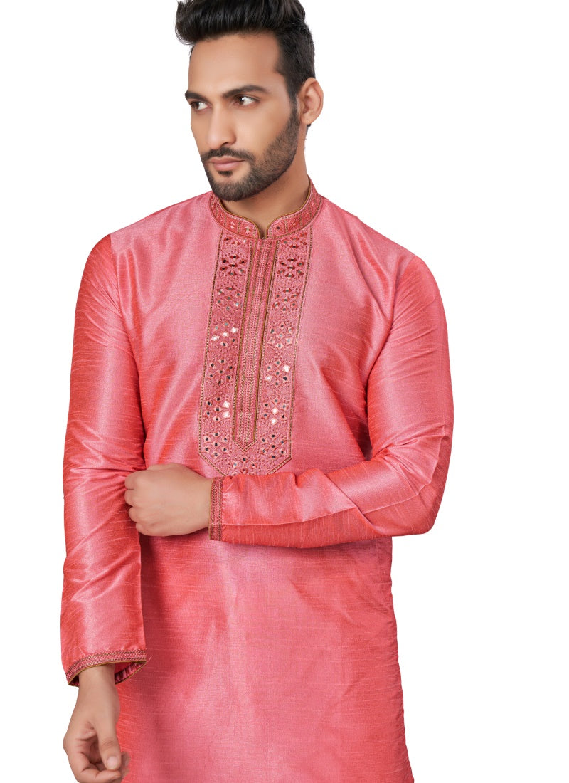 Pink Silk Kurta Pajama With Mirror Work-2