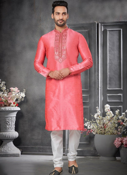 Pink Silk Kurta Pajama With Mirror Work