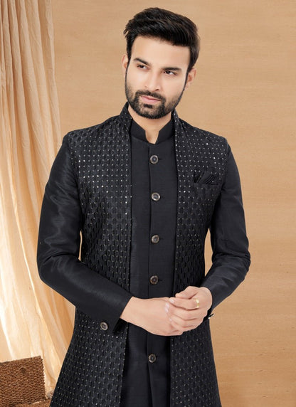 Black Art Silk Jacket Style Sherwani-2