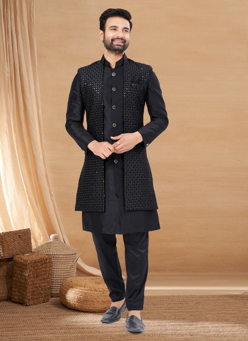 Black Art Silk Jacket Style Sherwani-2