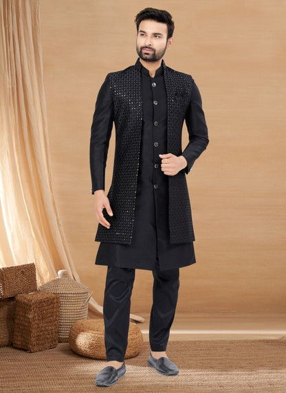 Black Art Silk Jacket Style Sherwani