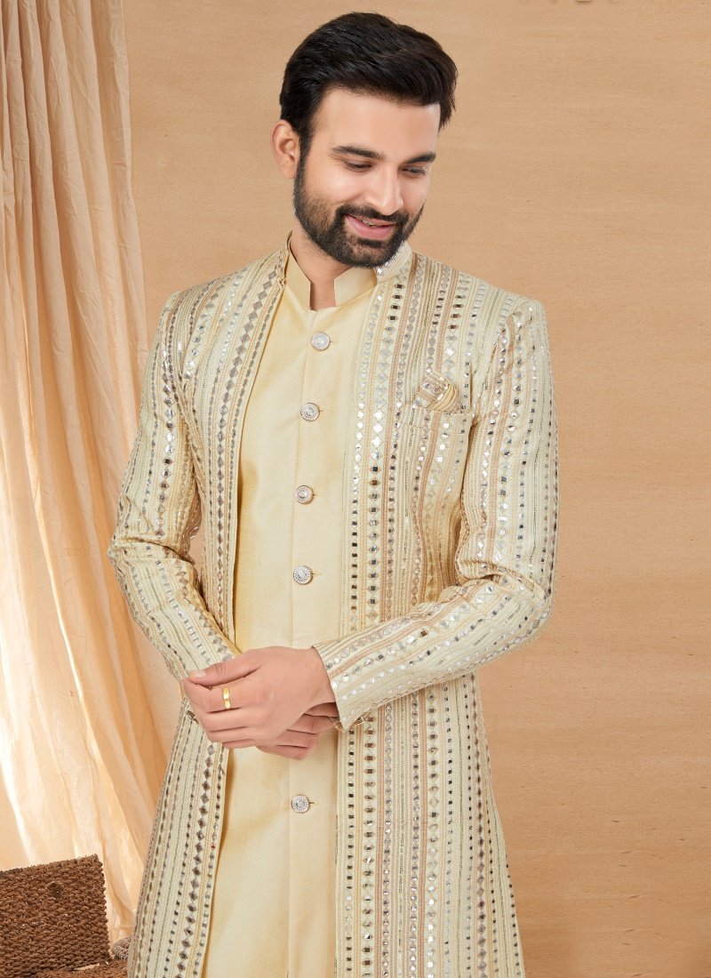 Beige Jequard Jacket Style Sherwani-2