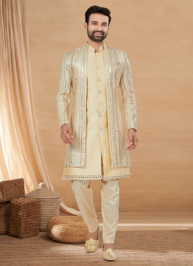 Beige Jequard Jacket Style Sherwani