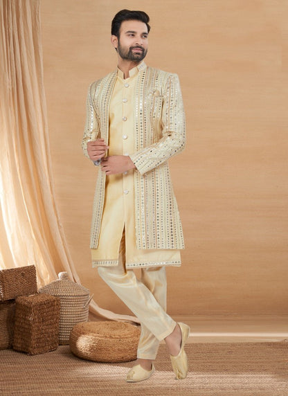 Beige Jequard Jacket Style Sherwani-2