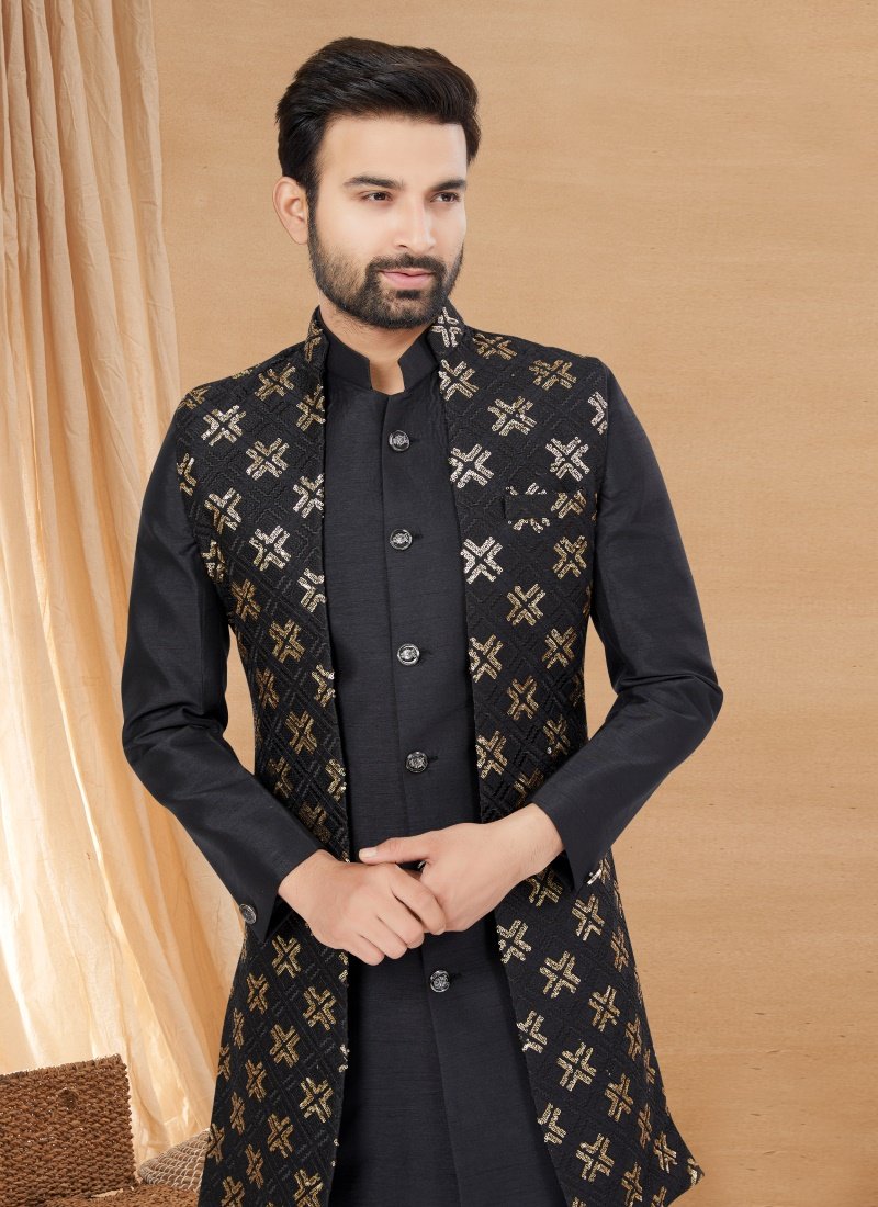 Black Jequard Jacket Style Sherwani-2