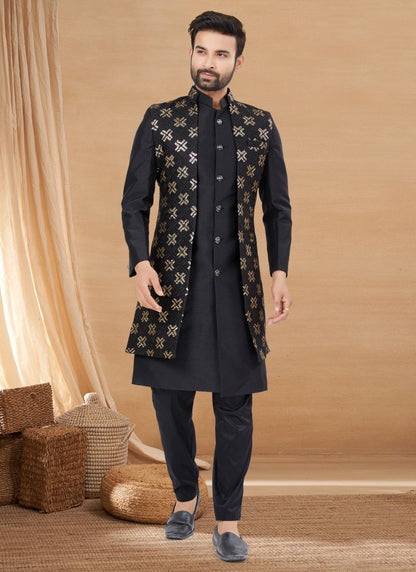 Black Jequard Jacket Style Sherwani-2