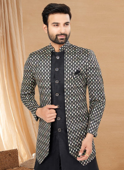 Black Art Silk Jacket Style Sherwani-2