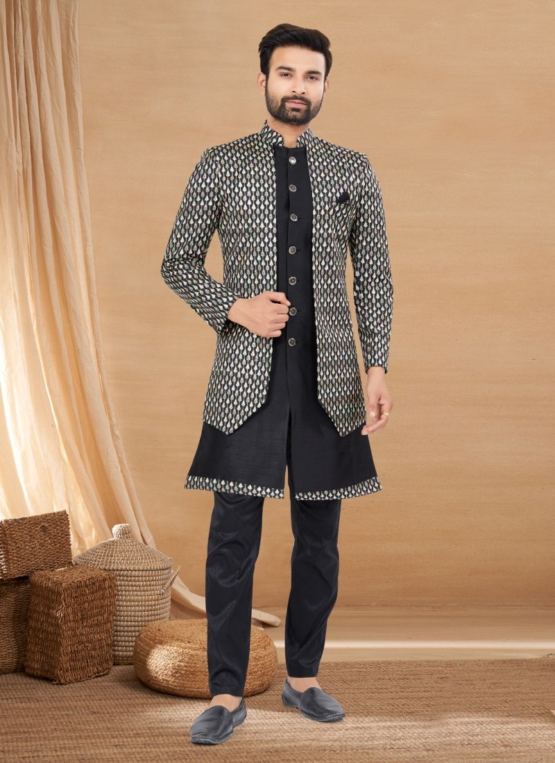 Black Art Silk Jacket Style Sherwani