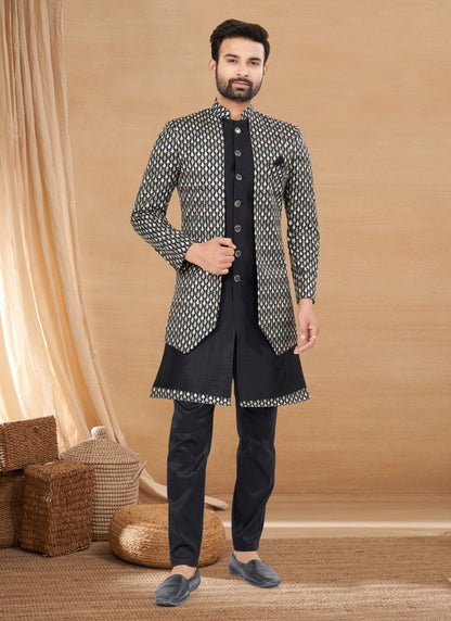 Black Art Silk Jacket Style Sherwani