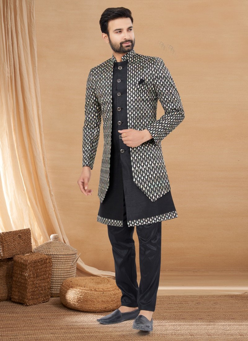 Black Art Silk Jacket Style Sherwani-2