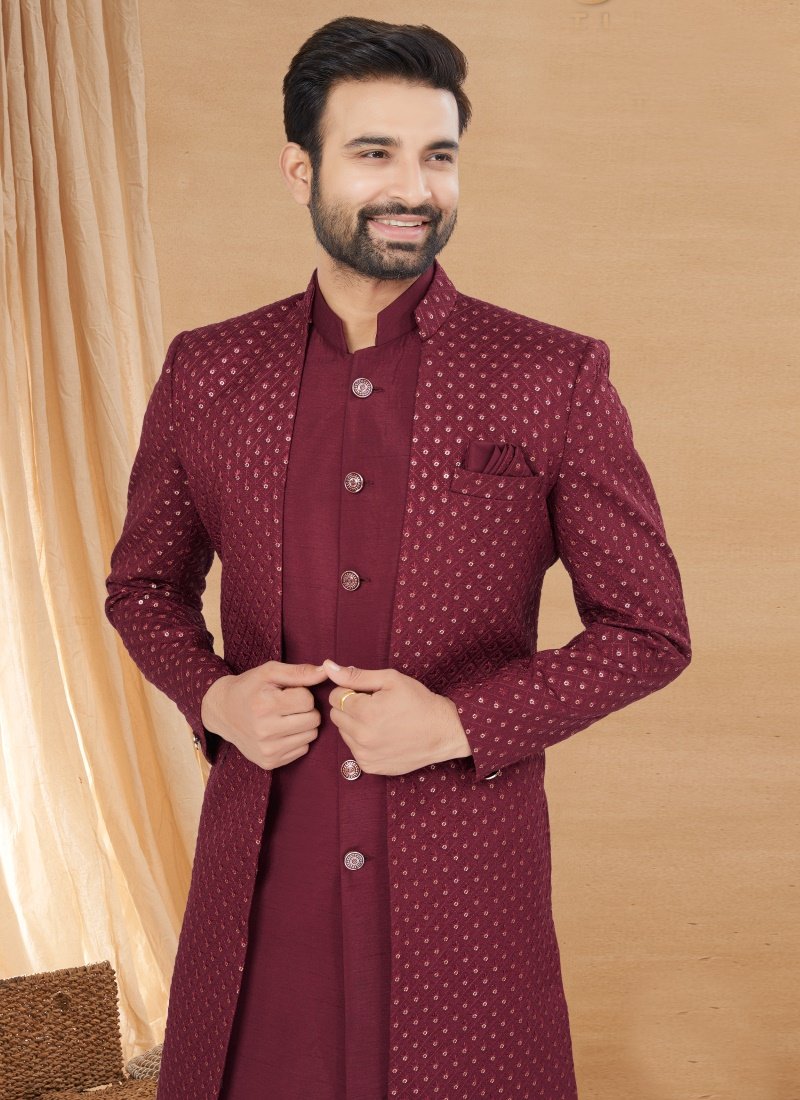 Maroon Art Silk Jacket Style Sherwani-2