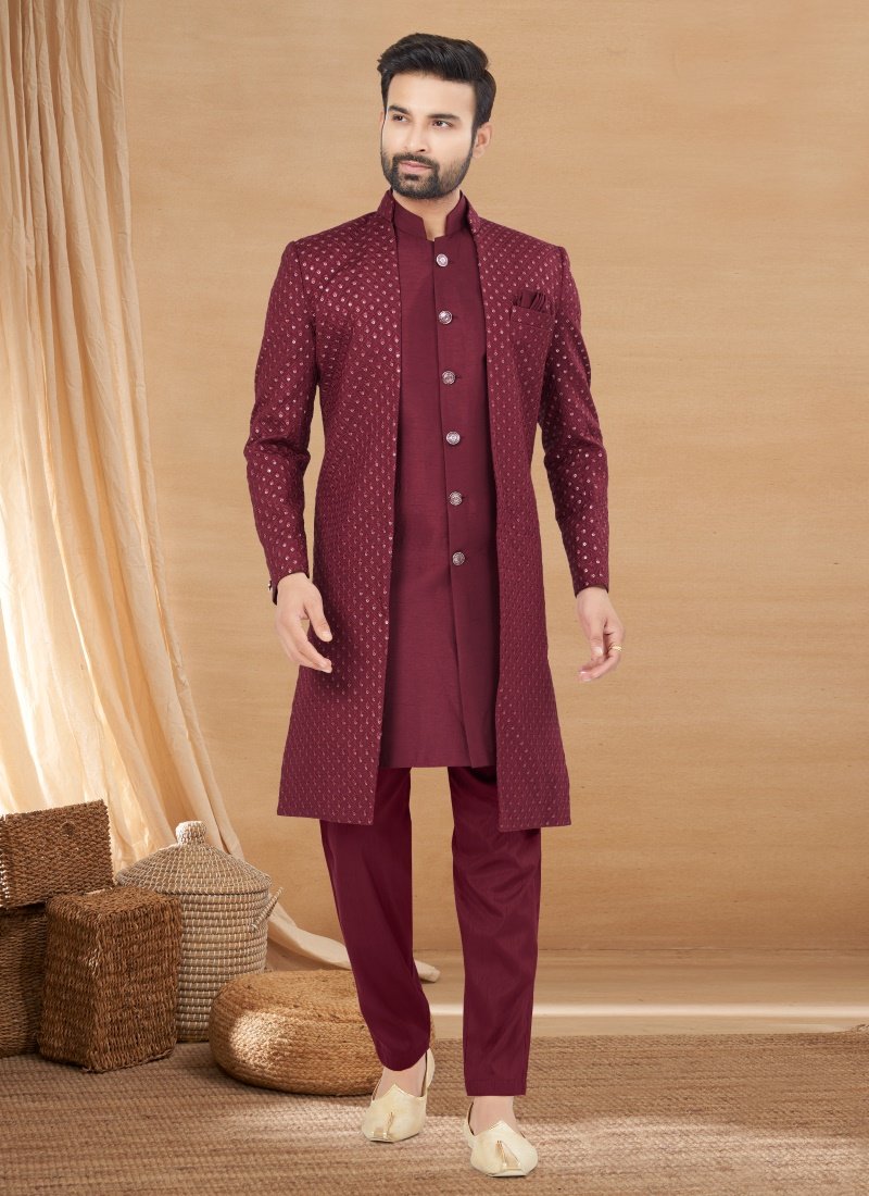 Maroon Art Silk Jacket Style Sherwani-2