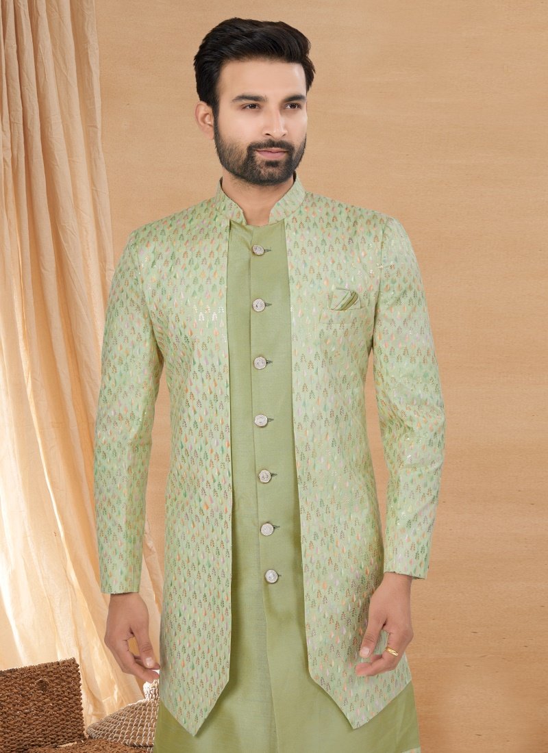 Pista Green Viscose Jacket Style Sherwani-2