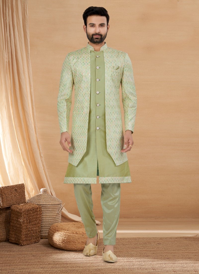 Pista Green Viscose Jacket Style Sherwani-2