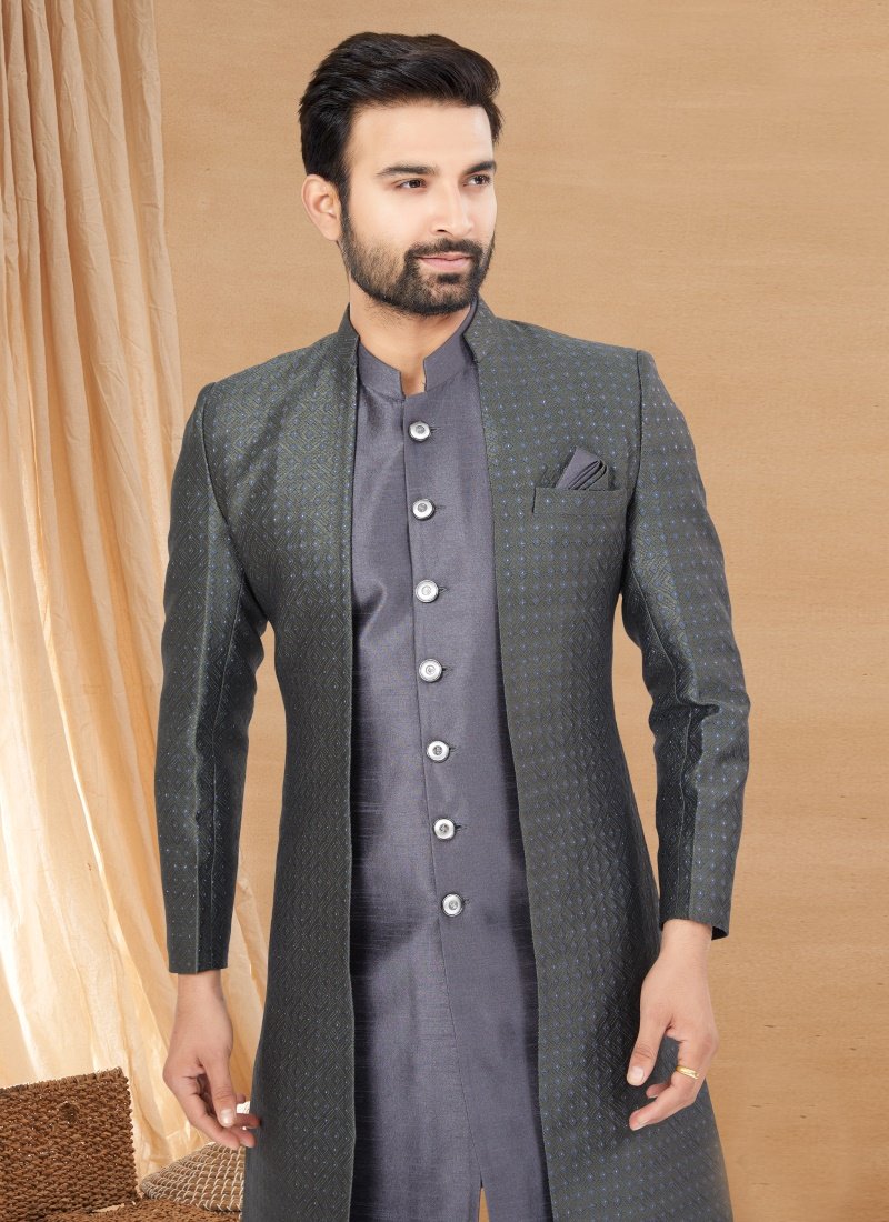 Blue Jequard Jacket Style Sherwani-2