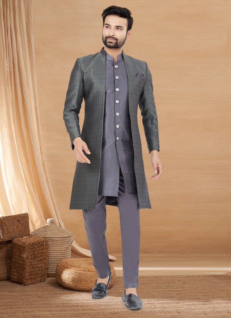 Blue Jequard Jacket Style Sherwani-2