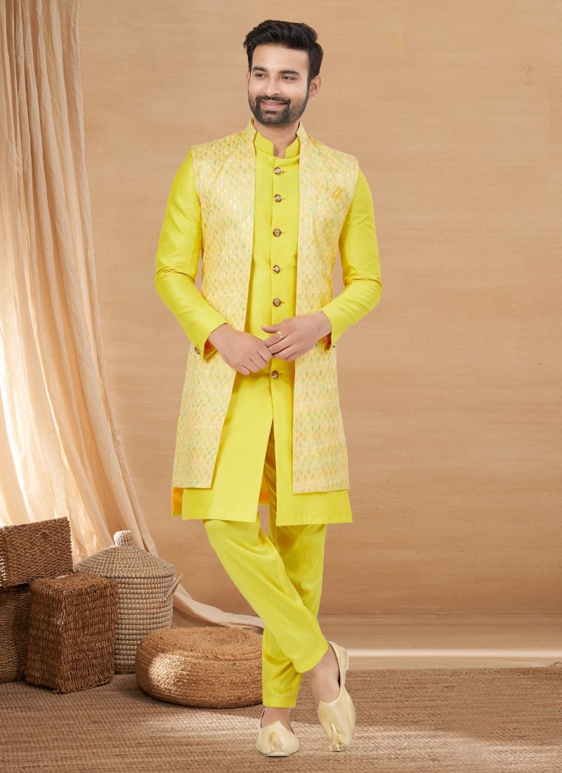 Yellow Viscose Jacket Style Sherwani-2