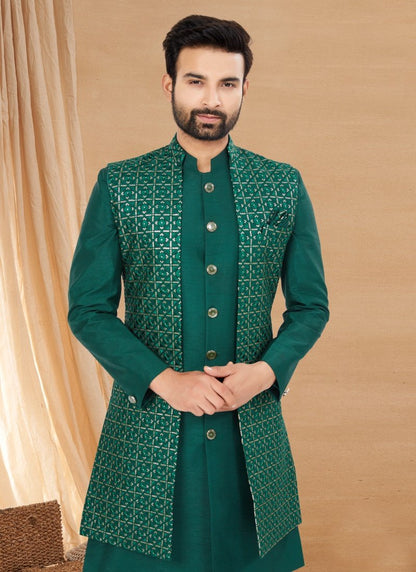 Green Art Silk Jacket Style Sherwani-2