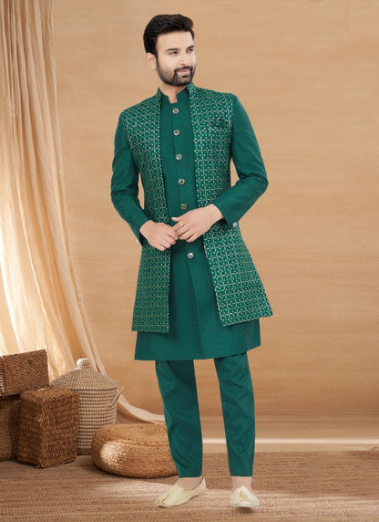 Green Art Silk Jacket Style Sherwani-2