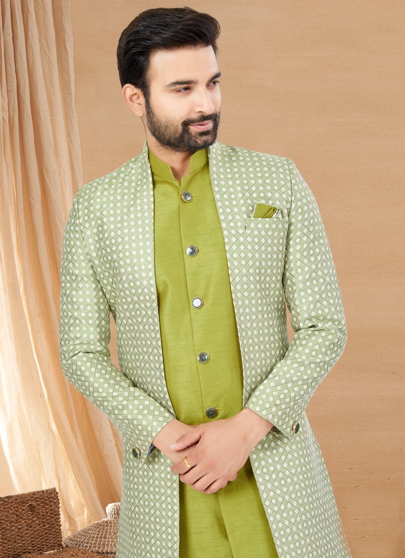 Pista Green Jequard Jacket Style Sherwani-2