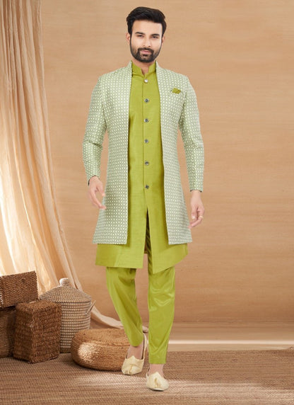 Pista Green Jequard Jacket Style Sherwani-2