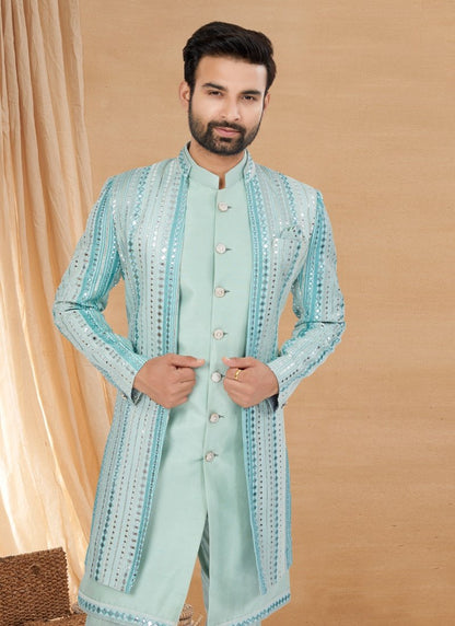 Sky Blue Viscose Jacket Style Sherwani-2