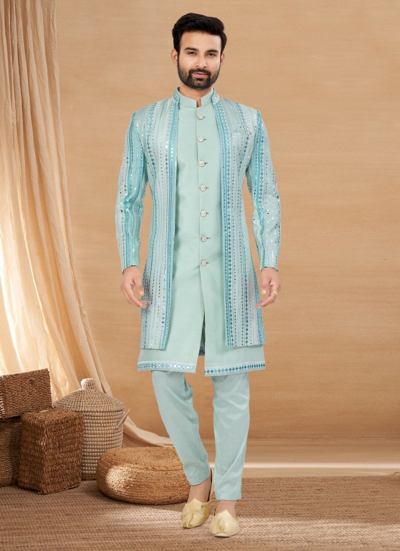 Sky Blue Viscose Jacket Style Sherwani