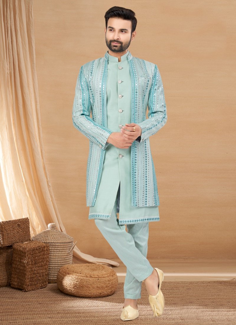 Sky Blue Viscose Jacket Style Sherwani-2