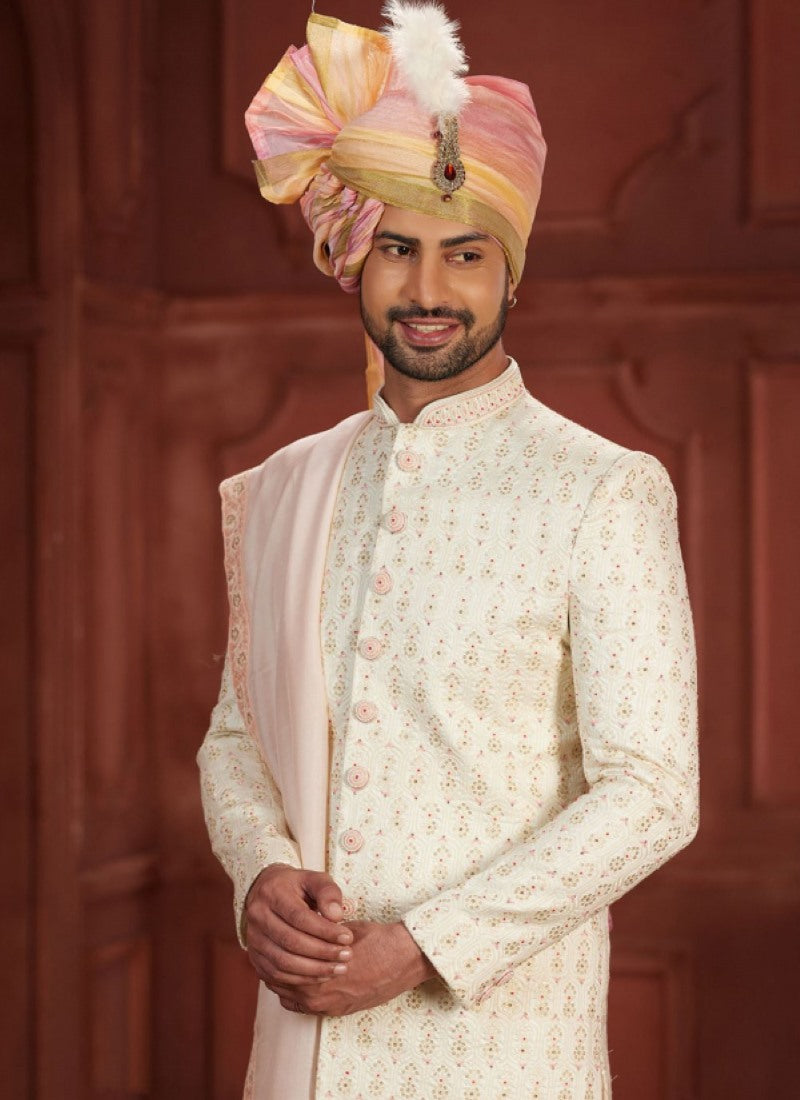 Cream Silk Wedding Sherwani With Embroidered Thread, Sequence and Heavy Handwork Work