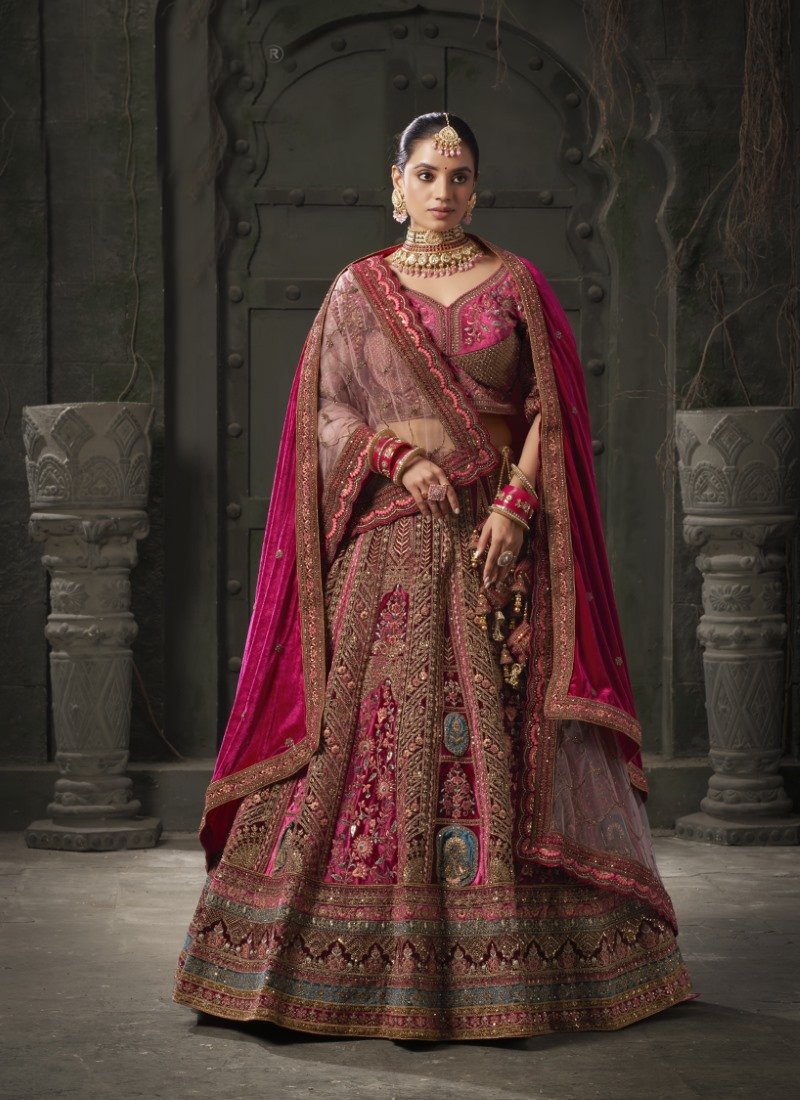 Pink Lucknowi Bridal Lehenga Choli With Embroidery, Thread Work and Sequins Work