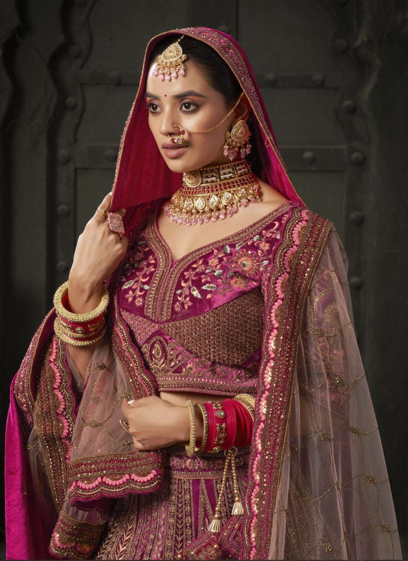 Pink Lucknowi Bridal Lehenga Choli With Embroidery, Thread Work and Sequins Work