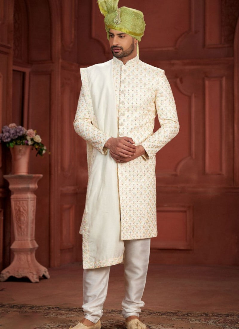 Off White Silk Wedding Sherwani With Embroidered Thread, Sequence and Heavy Handwork Work