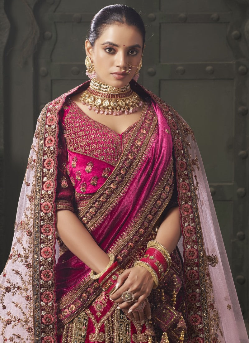 Pink Lucknowi Bridal Lehenga Choli With Embroidery, Thread Work and Sequins Work 