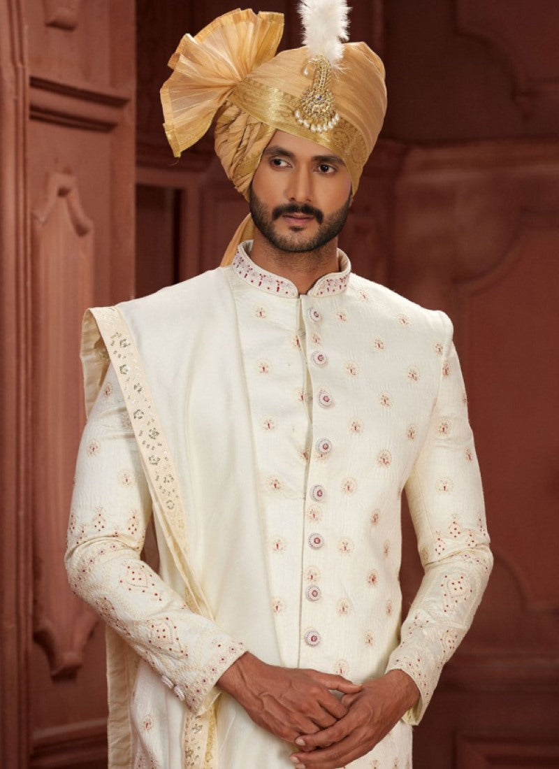 Off White Silk Wedding Sherwani With Embroidered Thread, Sequence and Heavy Handwork Work