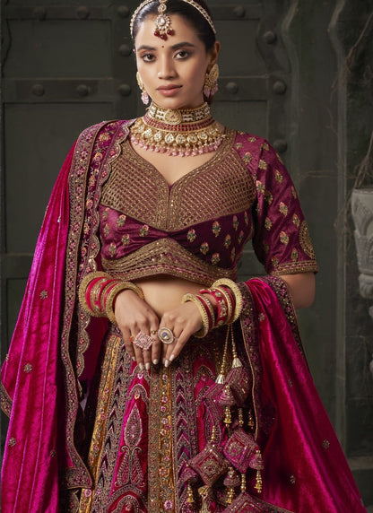 Maroon Lucknowi Bridal Lehenga Choli With Embroidery, Thread Work and Sequins Work