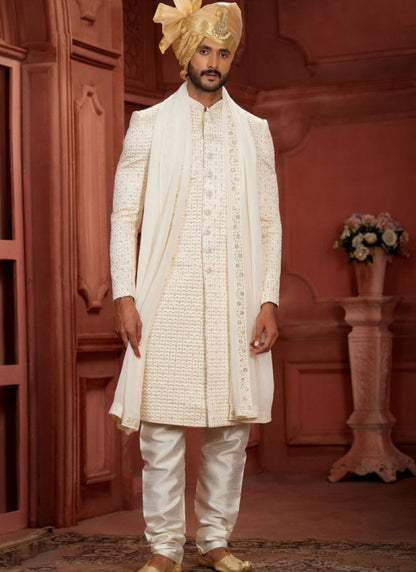 Off White Silk Wedding Sherwani With Embroidered Thread, Sequence and Heavy Handwork Work