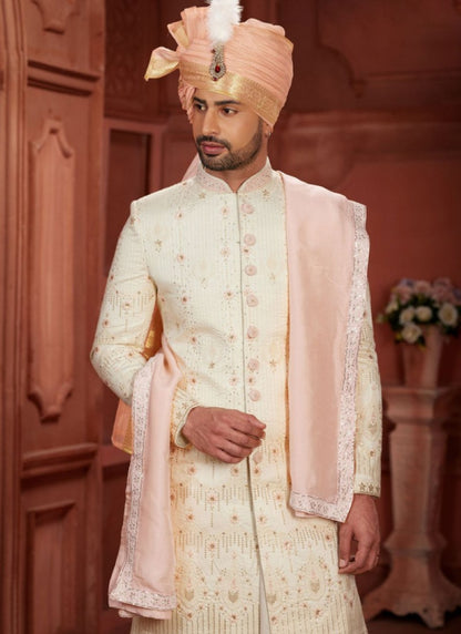 Cream Silk Wedding Sherwani With Embroidered Thread, Sequence and Heavy Handwork Work